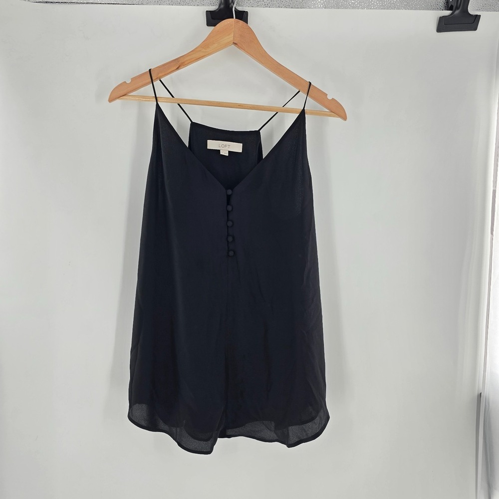LOFT Covered Button Strappy Cami Size Medium Solid Black Polyester Lined Chic